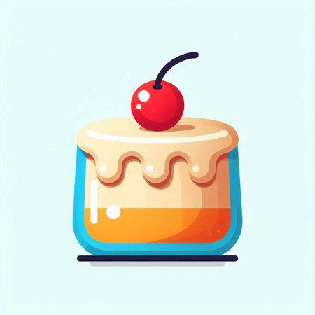 Cake with cream and cherry on blue background. Vector illustration.