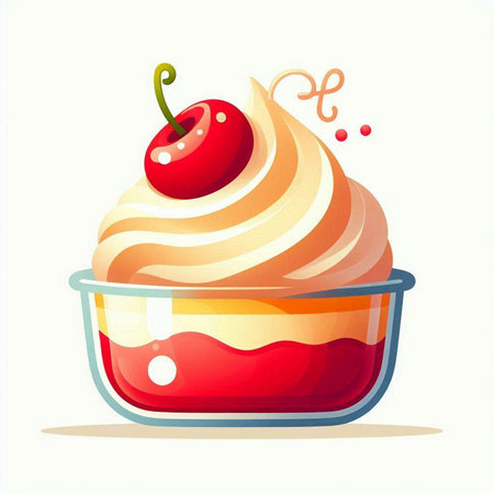Cupcake with cherry in a glass bowl. Vector illustration.のイラスト素材