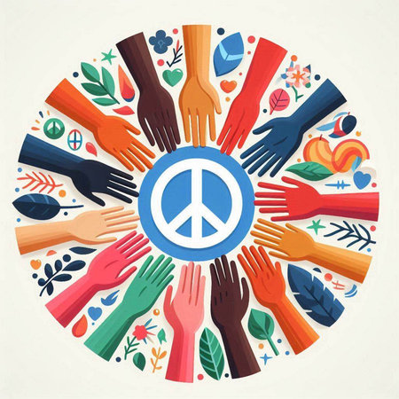 Hands and peace symbol in circle shape. Vector illustration. World Peace Day.のイラスト素材