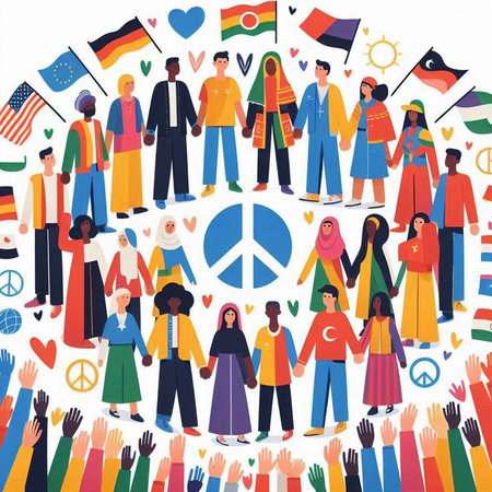 World Peace Day Concept. Group of People with Flag of the World. Vector Illustration