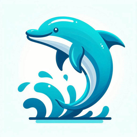 Blue dolphin jumping out of the water with waves. Vector illustration.のイラスト素材