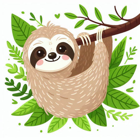 Cute cartoon sloth on a tree branch. Vector illustration.のイラスト素材