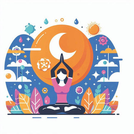 Vector illustration in flat linear style with woman practicing yoga and meditating.のイラスト素材