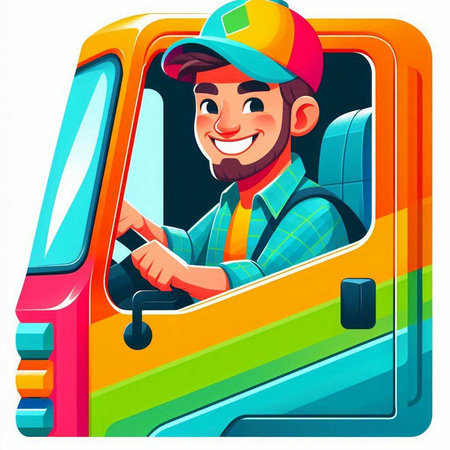 Vector illustration of a smiling man in a cap driving a car.のイラスト素材
