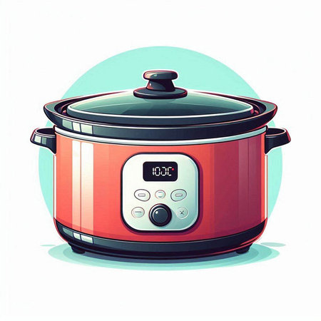 Vector illustration of a red electric multi cooker on a white background.