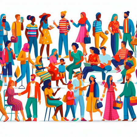 Group of people shopping in the mall. Flat vector illustration. Colorful cartoon characters.のイラスト素材