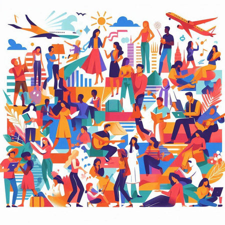 Vector illustration of crowd of people in the city. Flat style.のイラスト素材