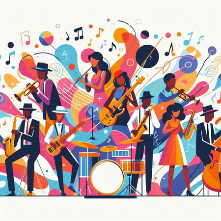 Musical band flat vector illustration. Musicians playing musical instruments.