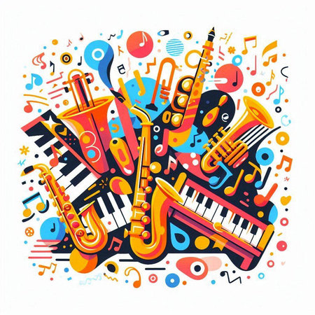 Music background with saxophone, piano, trumpet and notes. Vector illustrationのイラスト素材