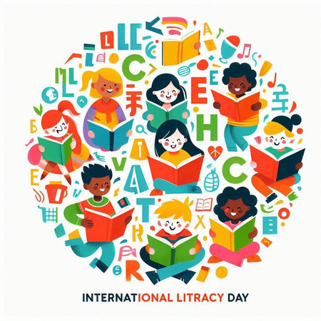 International Literacy Day. Children read books. Flat design vector illustration.のイラスト素材