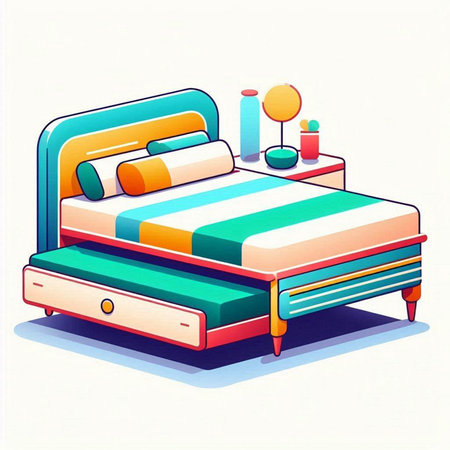 Vector illustration of a bed with pillows and bedside table.のイラスト素材