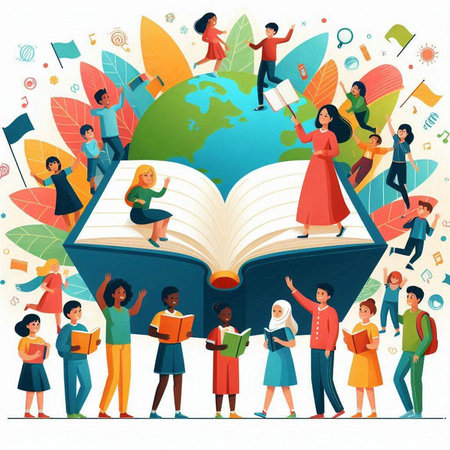 Vector illustration of a group of children reading books on the background of the globe.のイラスト素材