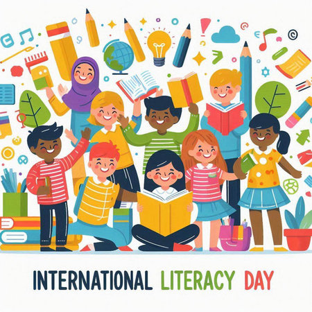 International literacy day poster with happy kids and books on white background vector illustrationのイラスト素材