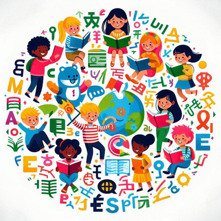 Children reading books around the world, isolated on white background. Vector illustration.のイラスト素材