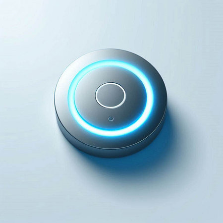 Blue light button on the gray background. 3d rendering, 3d illustration.のイラスト素材