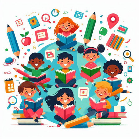 Happy children with books. Vector illustration in flat cartoon style. Education concept.のイラスト素材