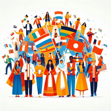 People of different nationalities and religions standing in a circle with flags. Vector...