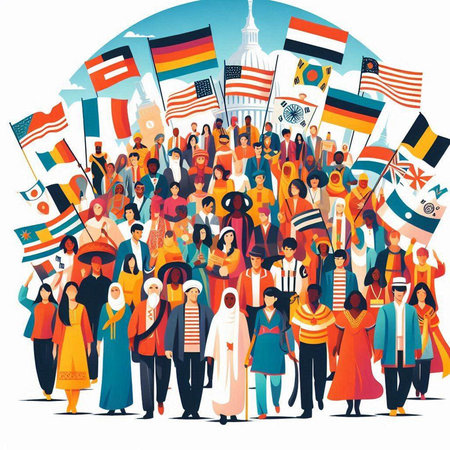 Big crowd of people with flags of different countries. Vector illustration.のイラスト素材