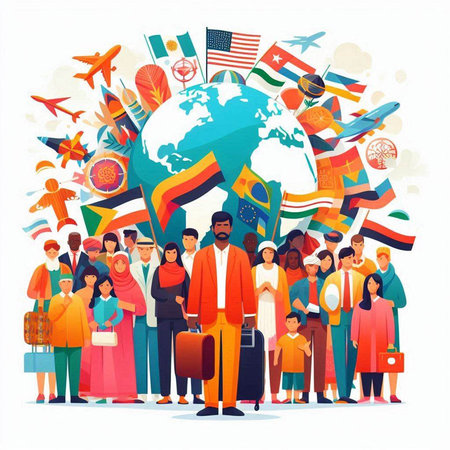 People traveling around the world. Vector illustration in flat cartoon style.のイラスト素材