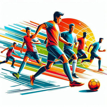Soccer players in action and motion vector illustration. Colorful design elements.のイラスト素材