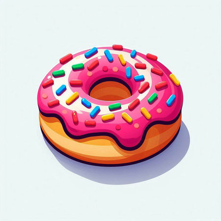 Donut with pink glaze and sprinkles. Vector illustration.