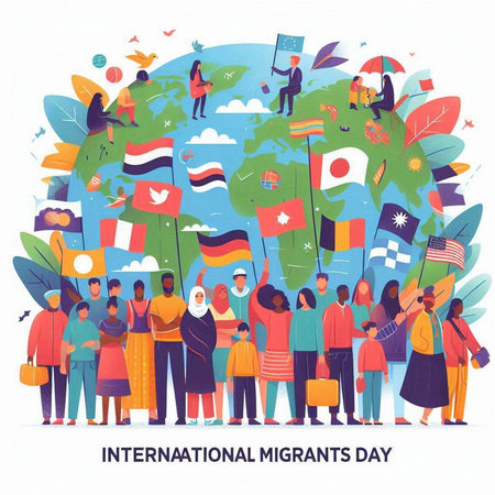 International Humanitarian Day. People with flags around the world. Vector illustrationのイラスト素材