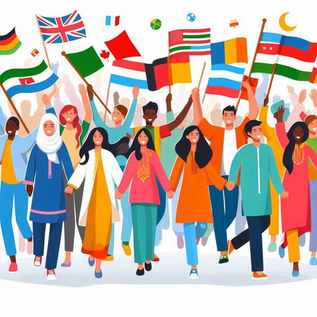 Group of happy people holding flags and waving national flags. Vector illustration.のイラスト素材