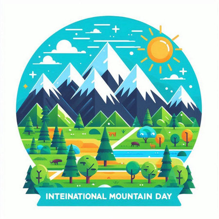 International Women's Day greeting card, poster with mountains and forest, vector illustrationのイラスト素材