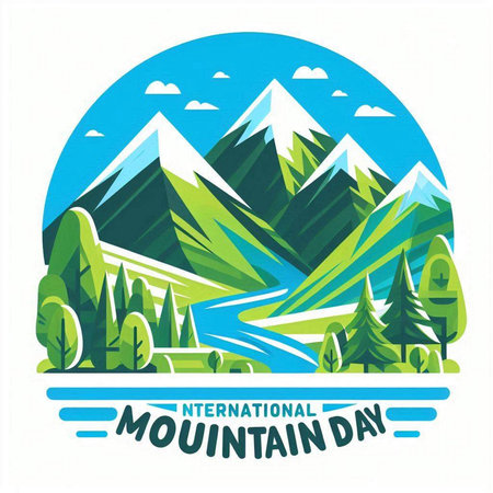 Mountain landscape with river, forest and mountains. Vector illustration.のイラスト素材