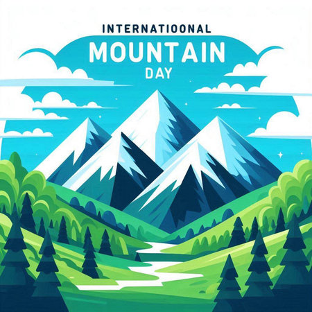 International Mountain Day poster or banner design with mountains and forest. Vector illustrationのイラスト素材