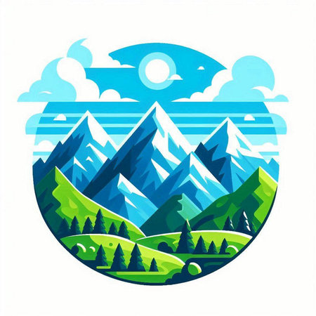 Mountain landscape with mountains and forest. Vector illustration in flat style.のイラスト素材