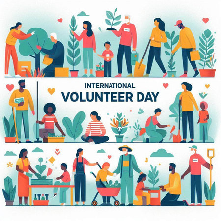 International Volunteer Day banner. Flat vector illustration of people with different professions.のイラスト素材