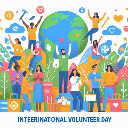International Day ofVolunteers. Group of happy people, volunteers and volunteers with globe. Vector illustrationのイラスト素材