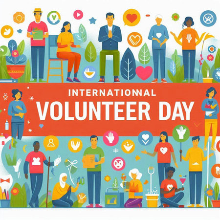 International Volunteer Day banner with group of people in flat style vector illustrationのイラスト素材