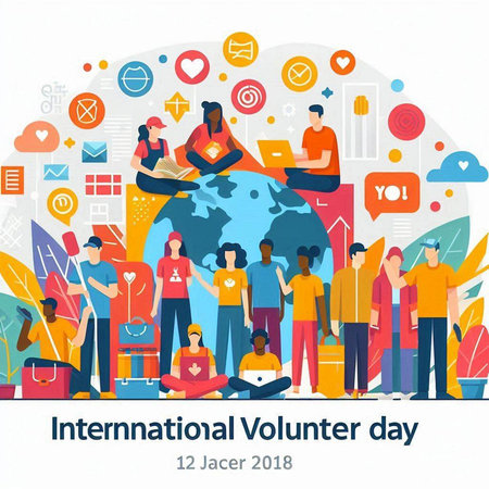 International Voluntary Day concept with people around the world. Vector illustration.のイラスト素材