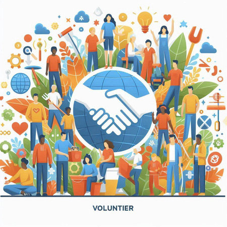 Volunteer concept with people working together and holding hands. Vector illustrationのイラスト素材