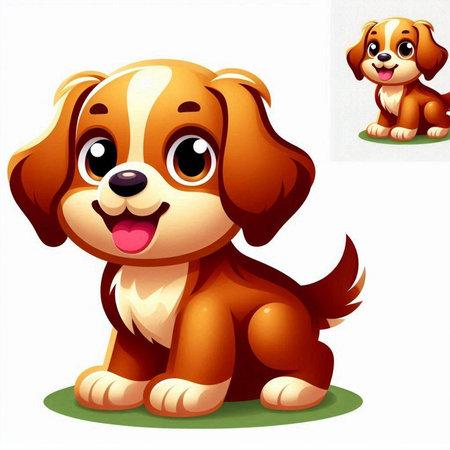 Illustration of a cute dog sitting on a green grass on a white backgroundのイラスト素材