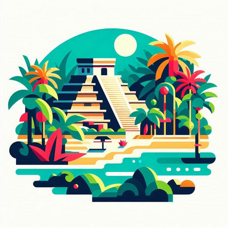 Ancient Mayan pyramid with palm trees. Vector illustration in flat styleのイラスト素材