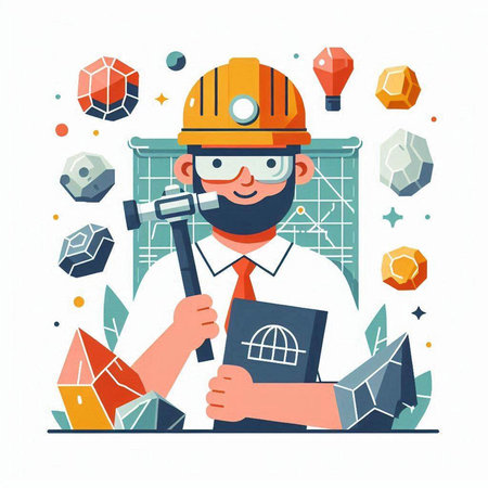 Architect working on a construction site. Vector illustration in flat styleのイラスト素材