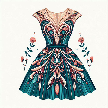 Fashionable woman dress with floral pattern. Vector illustration in vintage style.のイラスト素材