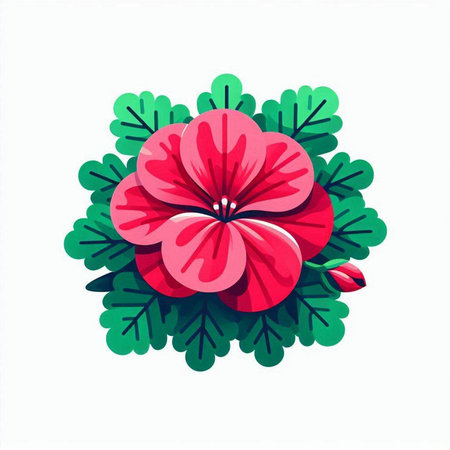 Red geranium flower with green leaves isolated on white background. Vector illustration.のイラスト素材