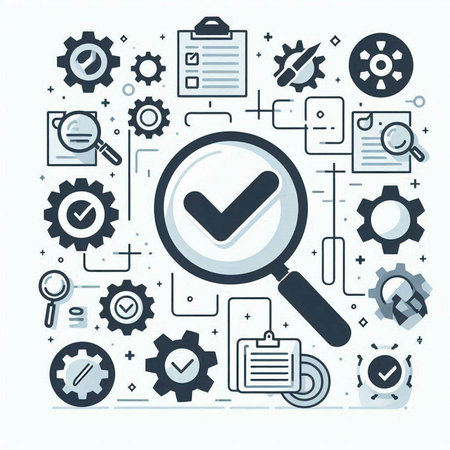 Magnifying glass with check mark and gear icons. Vector illustration.のイラスト素材