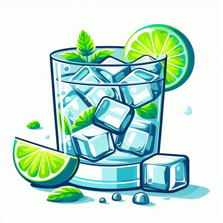 Cocktail with lime, ice cubes and mint. Vector illustrationのイラスト素材