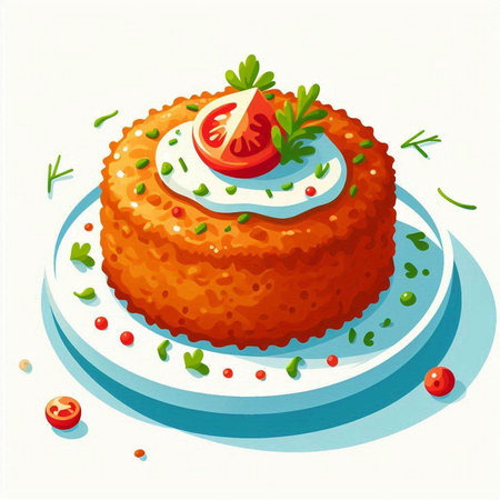 Illustration of a carrot cake on a plate with parsley and tomatoesのイラスト素材