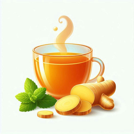 Cup of ginger tea with mint and ginger root on white backgroundのイラスト素材