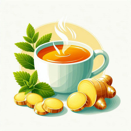 Cup of tea with ginger and mint leaves. Vector illustration.のイラスト素材