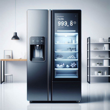 Modern refrigerator in the kitchen. 3d rendering, toned image