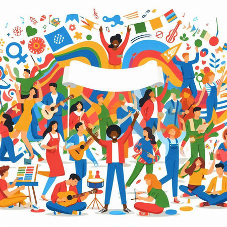 Vector illustration of a group of people with a rainbow flag and musical instruments.のイラスト素材