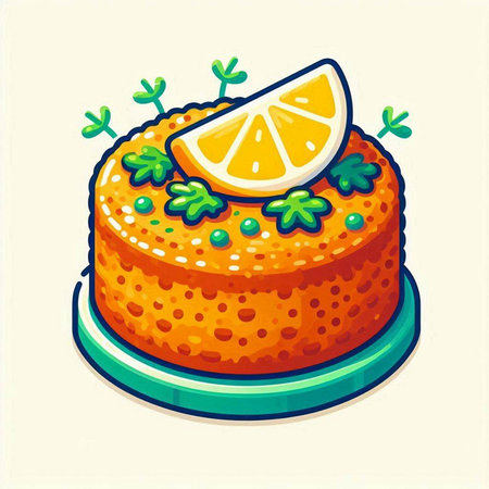 Cake with lemon slice and parsley. Vector illustration in cartoon style.