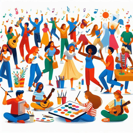 Crowd of people with musical instruments. Flat vector cartoon illustration.のイラスト素材